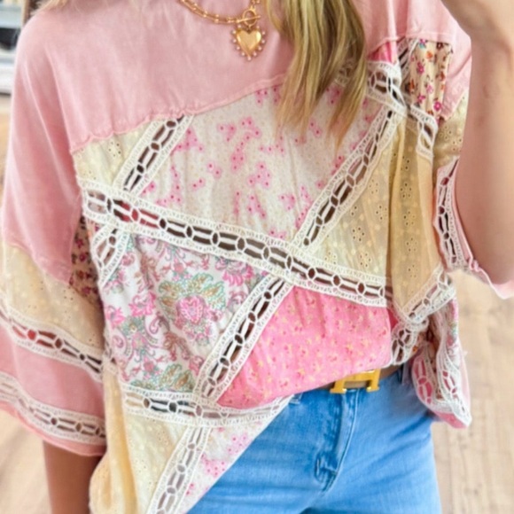 Oli & Hali Tops - Boho Patchwork Crochet Trim Women’s Top - Pink & Cream Oversized